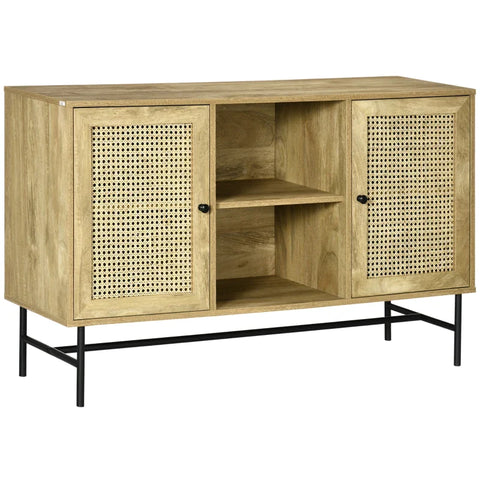 Rootz Kitchen Cabinet - Boho Design - Sideboard - 2 Open Shelves - 2 Cupboards - Steel - Natural + Black - 120L x 38W x 76.2H cm