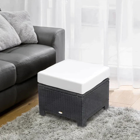 Rootz Poly Rotan Kruk Met Kussen - Tuinkruk - Voetenbank - Rotan Kruk - Balkonkruk - Tuinmeubelen - Zwart + Creme Wit - 50 x 50 x 35 cm