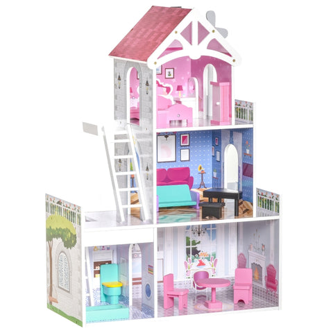 Rootz Wooden Dollhouse - Kids Dollhouse - Dreamhouse Villa - With Furniture Accessories - Pink - 60 x 29 x 85 cm