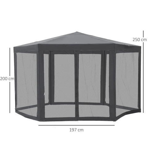 Rootz Pavilion - Garden Pavilion with Mosquito Net - Party Tent - Garden Tent - Marquee Tent - Hexagonal - Polyester - Metal - Gray - 197x250x250cm