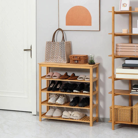 Rootz Shoe Rack - 4 Shelves - Bamboo - Slats - 4 Pairs Shoes - Water-repellent - Up To Size Eu 45 - Natural - 80L x 29W x 82H cm