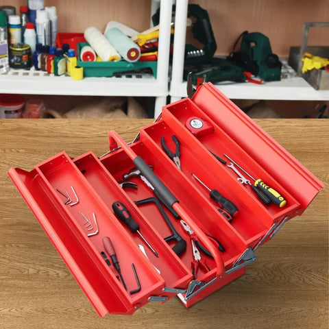 Rootz Tool Box - Metal Tool Box - Workshop Cantilever Toolbox - Portable Storage Cabinet - Foldable Tool Box - 5 Compartments Tool Box - With Carry Handle - Red - 56 x 20 x 41 cm