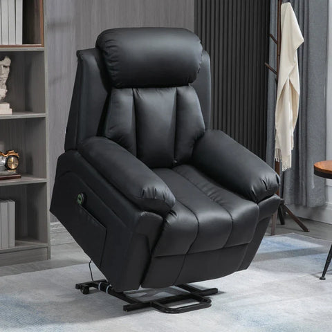 Rootz Relaxation Chair - Stand-up Aid - Including Footrest - Electric TV Chair - Side Pocket - Headrest - 1 Remote Control - Multi-layer Board - Faux Leather - Black - 93L x 96W x 105H cm