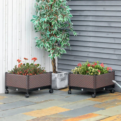 Rootz Verhoogd Bed - 2-delig Verhoogd Bed Met Wielen - Plantenbak Met Afwateringsgaten - Bloembak - Bloempot - Kunststof - Bruin - 50 x 50 x 33 cm