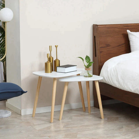Rootz Side Table - Bedside Table - Set Of 2 Side Table - Triangular Nest Of Tables - End Table With Solid Wood Legs - White - 59.5 cm x 39.5 cm x 45 cm