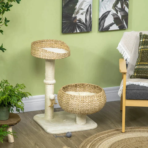 Rootz Scratching Post - Two Cat Beds - With Washable Cushions - Two Scratching Posts - Toy Ball - Beige/Cream White - 48 x 48 x 72cm