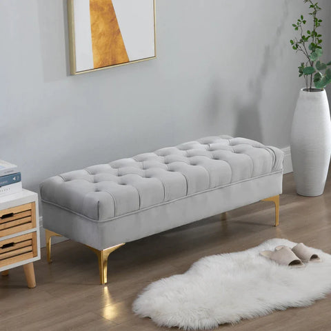 Rootz Bed Bench - Shoe Bench - Soft Plush Padding - Raised Legs - Stylish Design - Bedroom - Wood Velvet - Light Gray -118 x 45 x 42 cm