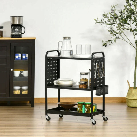 Rootz Kitchen Trolley - Trolley - Outdoor Serving Trolley - Serving Trolley - 3 Shelves Trolley - Steel - Black - 70 x 33.4 x 80.5 cm