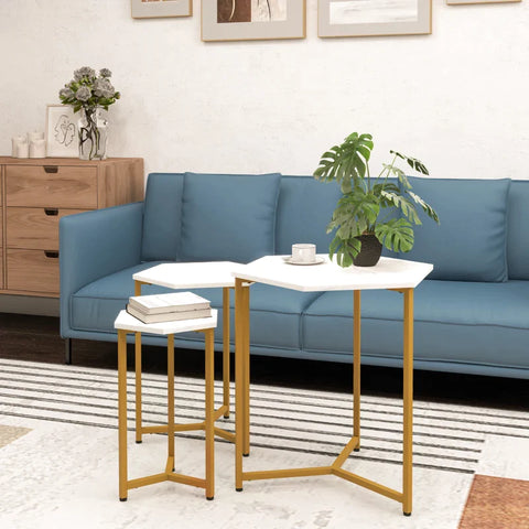 Rootz Set of 3 Side Tables - Art Deco - Marble Effect - Stackable Bedside Table - Coffee Table - White + Gold - 61L x 52.5W x 63H cm
