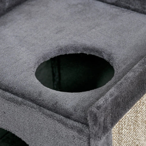 Rootz Scratching Barrel With 2 Cat Caves - Cat Tower - 1 Lying Surface - Sisal Scratching Mat - Plush - Chipboard - Gray + Natural - 45L x 45W x 81H cm