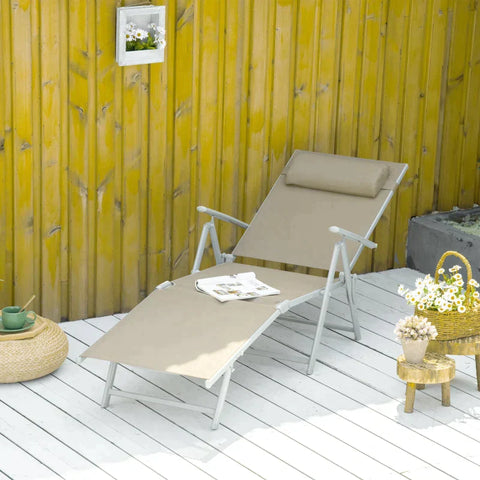 Rootz Sonnenliege – Liegestuhl – Gartenliege – 7 Positionen – verstellbar – Strandliege mit Kissen – faltbar – Netzmetall – Grau + Silber – 137 x 63,5 x 100,5 cm