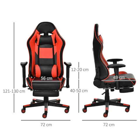 Rootz Gaming Stuhl – Bürostuhl – Ergonomischer Drehstuhl mit Kopfstütze – Stuhl mit Wipp- und Liegefunktion – Lendenkissen – 90–160° Neigungswinkel – Kunstleder – Schwarz + Rot – 72 x 72 x 121–130 cm