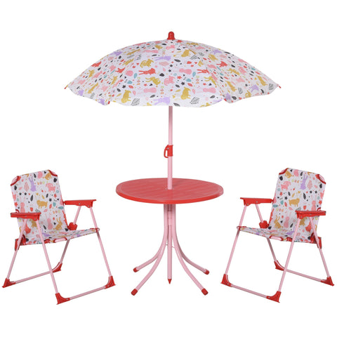 Rootz Children's Seating Group - Garden Table - Folding Chairs - With Parasol - Metal - Red