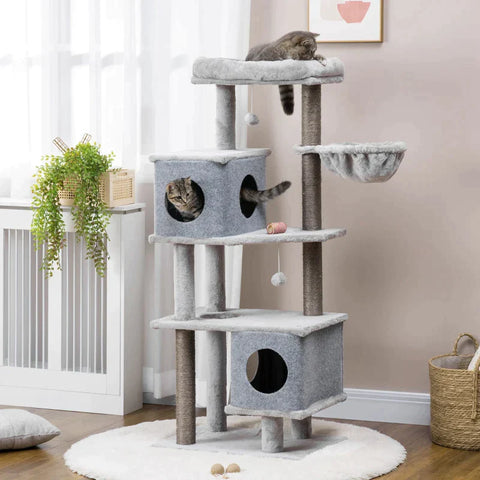 Rootz Scratching Post - Two Houses - Two Platforms - Play Ball - Lounger Basket - Anti-tip - Sisal - Grey - 60 x 40 x 142cm