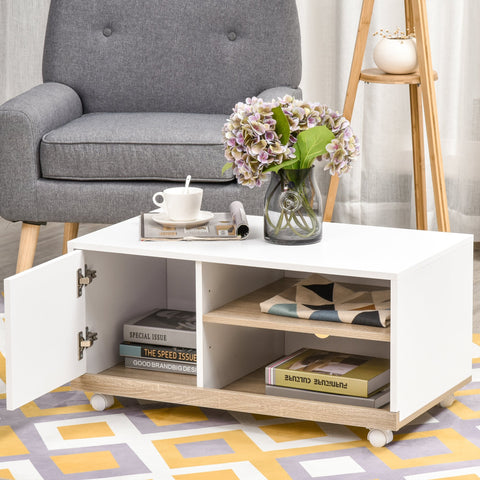 Rootz TV Furniture - On Wheels - 2 Open Shelves - Storage Compartment - Natural Color - White - 80 x 45 x 39.5 cm