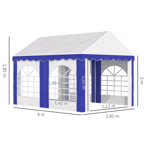 Rootz Party Tent - Beer Tent - Removable Side Walls - Four Large Windows - Steel + Plastic - White + Blue - 4 x 3 m