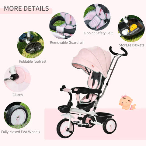 Rootz 2 In 1 Children's Tricycle - Jogger With Steering System - Rod Basket - Sun Canopy - Velvet Touch - Pink - 100 x 48 x 106 cm