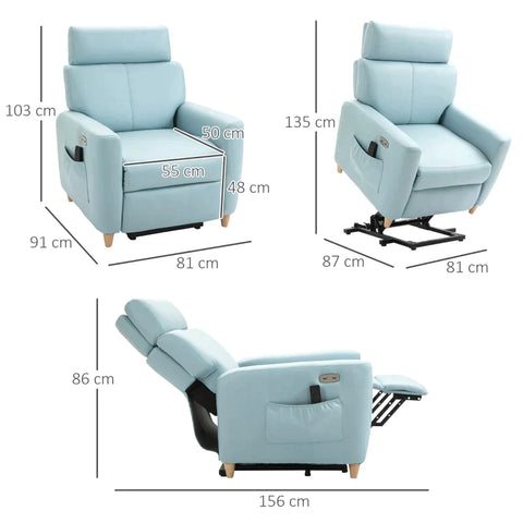 Rootz Electric Stand-Up Chair - Stand-up Chair - Relaxation Chair - With Stand-up Aid - Reclining Function - Remote Control - Light Blue - 81 x 91 x 103 cm