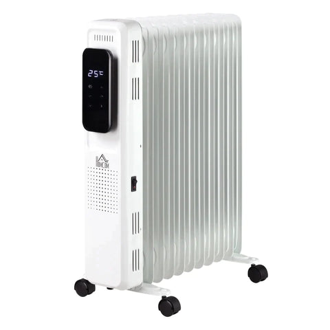 Rootz Oil Radiator - Portable Electric Radiator - 3 Heating Levels - 24-hour Timing Electric Heating - 11 Heating Plates With 4 Rollers - White - 50.5 x 24 x 63 cm