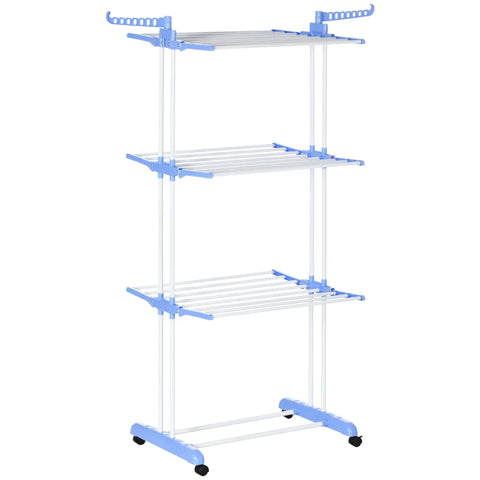 Rootz Clothes Airer - 4 Levels - Foldable - 4 Wheels - Robust - 2 Brakes - Rust-proof Steel - Metal Frame - Blue + White - 73 x 64 x 177cm