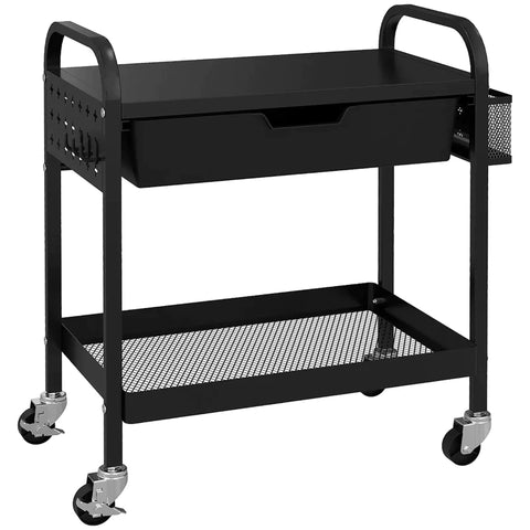 Rootz Kitchen Trolley - 1 Drawer - Side Hooks - 1 Shelf - 4 Wheels - Small Basket - Multi-purpose Trolley - Plastic+steel - Black - 61L x 32.6W x 58.5Hcm