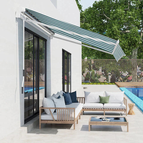 Rootz Window Awning - Awning - Sun Protection - Retractable - With Hand Crank - Metal Frame - White/Green - 3.95 x 2.45 x 3.50 m