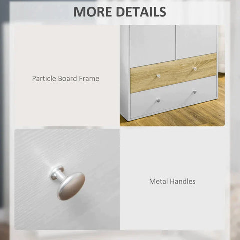 Rootz Wardrobe - Door Wardrobe - With Drawers And Hanging Rod - Particle Board - White/Oak - 80cm x 50cm x 180cm