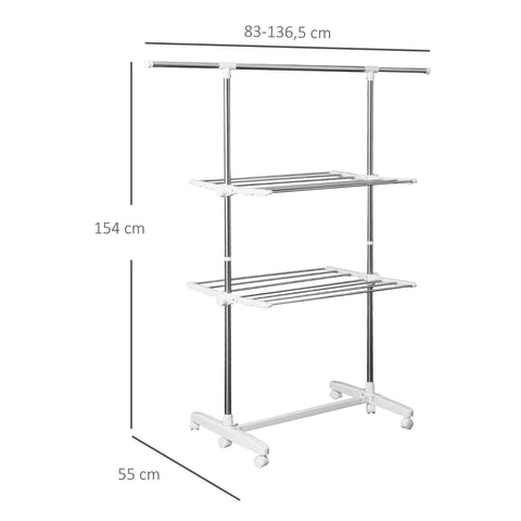 Rootz Droogrek - Kledingluchter Toren - Kledingluchter - Opvouwbare Wastoren - 3 Niveaus Stand - Droger Met Zijvleugels - Wit/Zilver - 83-136,5 x 45,5 x 154 cm