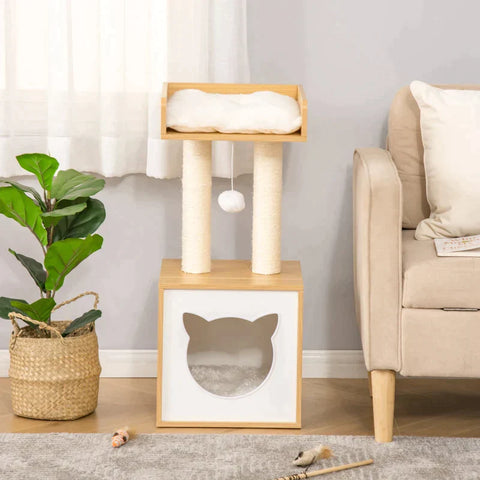 Rootz Cat Nest - Scratching Post - Cat Cave - 2 Soft Cushions Cat Tree With Bed - Cat Scratching Post - Nature - 35 x 35 x 81 cm