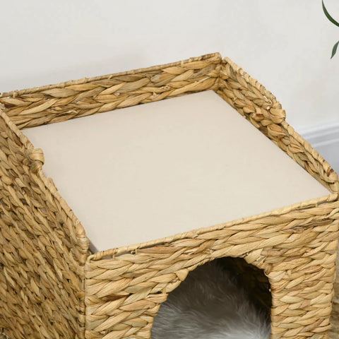 Rootz Water Hyacinth Grass Cat Cave - Cat Bed - 2 Lying Areas - 2 Washable Cushions - Natural + White - 37.5L x 37.5W x 41.5H cm