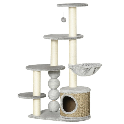 Rootz Scratching Post - Cat Climbing Tower - Cat Tree - Cat Cave - Cat Bed - With Hanging Ball - Light Grey - 60cm x 40cm x 115.5cm