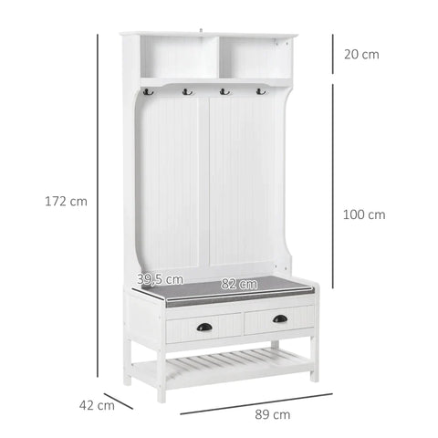 Rootz Wardrobe With Bench - Coat Hooks Wardrobe - 4 Coat Hooks - 2 Drawers Wardrobe - Modern Wardrobe Design - Storage and Seating Solution - White + Gray - 89L x 42W x 172H cm