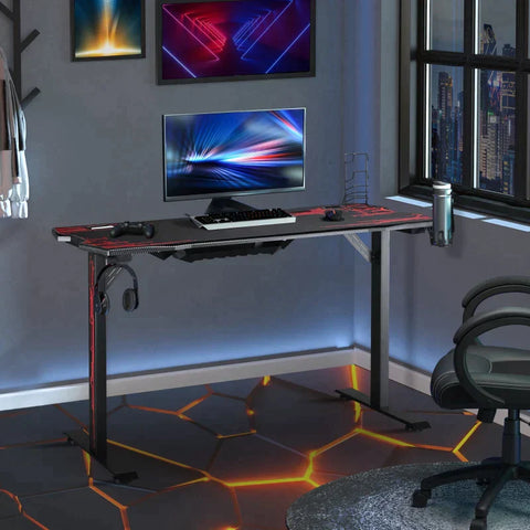 Rootz Gaming-Tisch – Gaming-Tisch Schreibtisch mit Kopfhörerhaken – Getränkehalter – Computertisch mit Mauspad – Schwarz + Rot – 140 x 70 x 77 cm