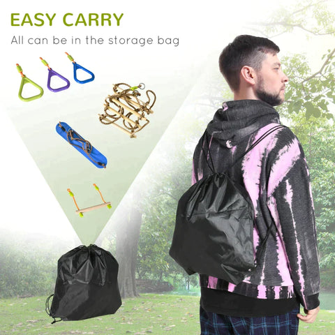 Rootz Climbing Rope Set - Ninja Slackline Set - 13 M Hanging Obstacles - For 3-14 Years Children - Children Climbing Training Rope - Training Equipment - With Monkey Bars - Rope Ladder - Swing - Gym Rings