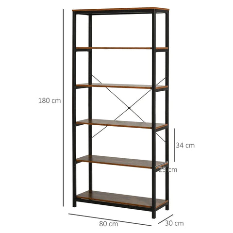 Rootz Book Shelf - Bookcase - Storage Shelf - Display Rack - 6 Tiers - Living Room Shelf - Brown - 80 x 30 x 180 cm
