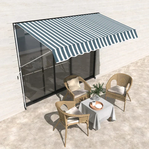 Rootz Clamp Awning - Awning - Folding Arm Awning - Height Adjustable - Weatherproof - Blue/White - 300 cm × 150 cm x 280 cm