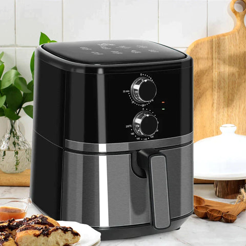 Rootz Airfryer - Heteluchtfriteuse - 4,5 L 1500W - Met 8 Menu's - Gezond Olievrij Vetarm Koken - Zwart Staal - 35,5 x 28 x 33,8 cm