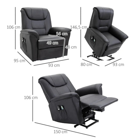 Rootz Massage Chair - Stand-up Aid - 8 Vibration Heads - 2 Cable Remote Controls - Heat Function - 2 Side Pockets - Faux Leather - Black - 93L x 95W x 106H cm