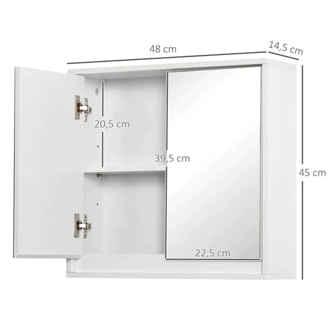 Rootz Bathroom Cabinet - Mirror Cabinet With 2 Mirrors - With Storage Shelf - Wall Mounted - White - 48 cm x 14.5 cm x 45 cm