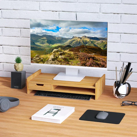 Rootz Monitor Stand - Screen Stand - Desk Organizer - Drawers - Office - Living Room - Natural - L49 x W25.5 x H11.5 cm