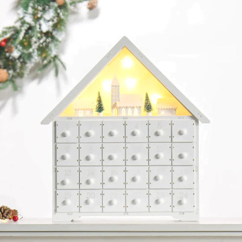 Rootz Christmas Advent Calendar - Christmas Calendar With LED Lights - With 24 Draw Boxes - 2-in-1 Design Christmas Decoration - White - 39 x 9 x 42 cm