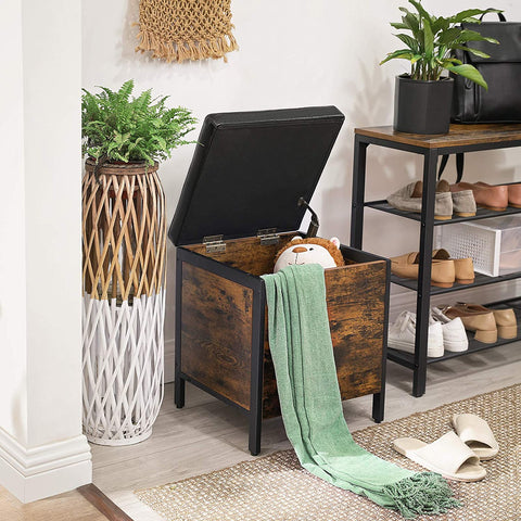 Rootz Hocker - Stool with storage space - Shoe bench - Hockers - Artificial leather and Wood - Industrial - Brown / Black - 40 x 40 x 50 cm