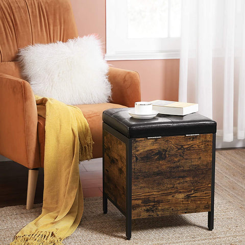 Rootz Hocker - Stool with storage space - Shoe bench - Hockers - Artificial leather and Wood - Industrial - Brown / Black - 40 x 40 x 50 cm