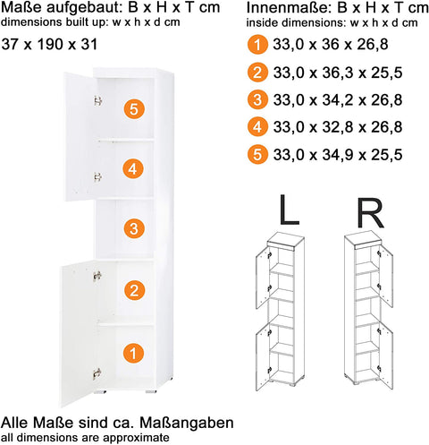 Rootz Bathroom Cabinet - High Cabinet with Open Compartment - High Gloss - 37 x 190 x 31 cm