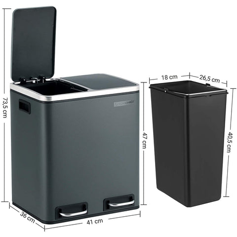 Rootz Trash Can Waste Separation 30 Liter - Trash Cans - Pedal Bin - Smoke Gray - 41 x 36 x 47 cm
