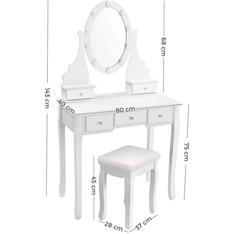 Rootz Dressing Table - With Mirror & LED Lighting - Make-up Table - For Women - Dressing Tables - White - 80 x 40 x 143 cm (LxWxH)