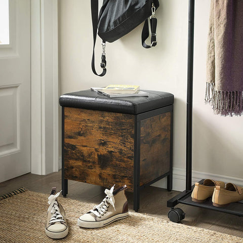 Rootz Hocker - Stool with storage space - Shoe bench - Hockers - Artificial leather and Wood - Industrial - Brown / Black - 40 x 40 x 50 cm