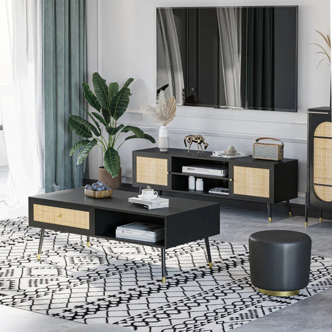 Rootz Coffee Table - Boho Design - 1 Drawer - 2 Compartments - Living Room Table - Rattan Element - Black + Natural - 120L x 59W x 45H cm