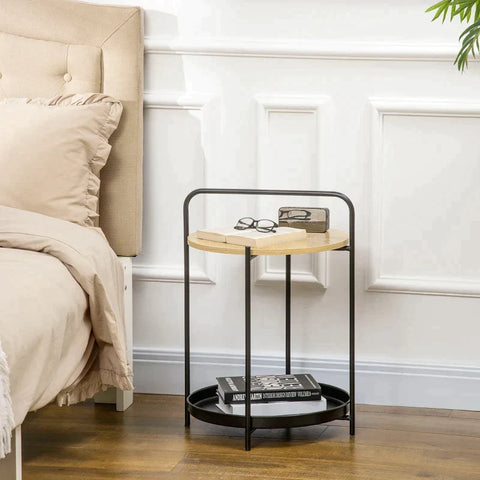 Rootz Side Table - Industrial Design - 2-in-1 Function Incl. Tray - Steel Pipe - Chipboard - Black + Natural - 43.5L x 42.5W x 60H cm