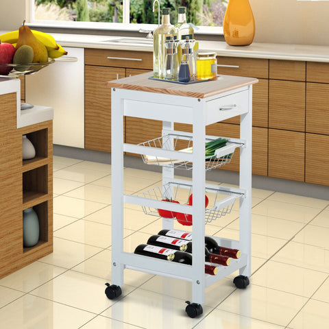 Rootz Kitchen trolley - Kitchen trolley - Serving trolley - Drawer - 2 Baskets - Wine rack - 4 Levels - Metal - White - Brown - 37.5 x 37.5 x 76.5 cm